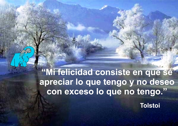 Foto de río nevado con frase de Tolstoi